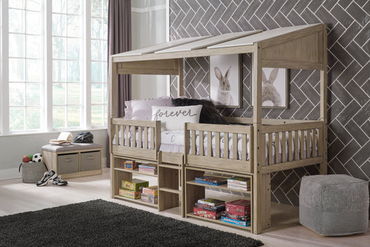 Wrenalyn Twin Loft Bed with Under Bed Bookcase Storage