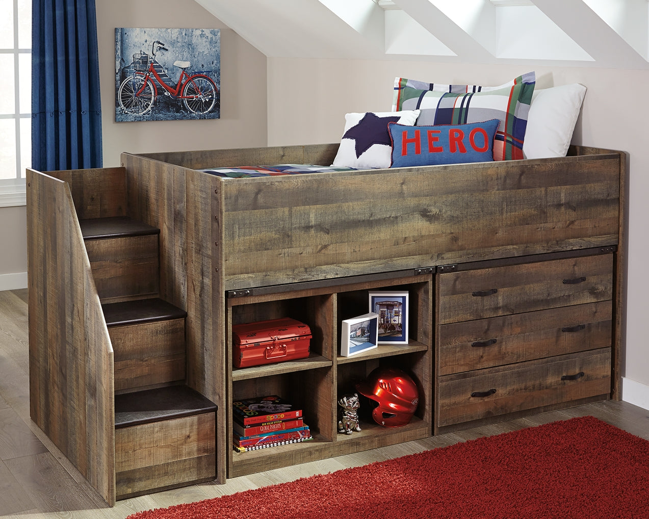 Trinell Twin Loft Bed with 3 Drawer Storage and Bookcase