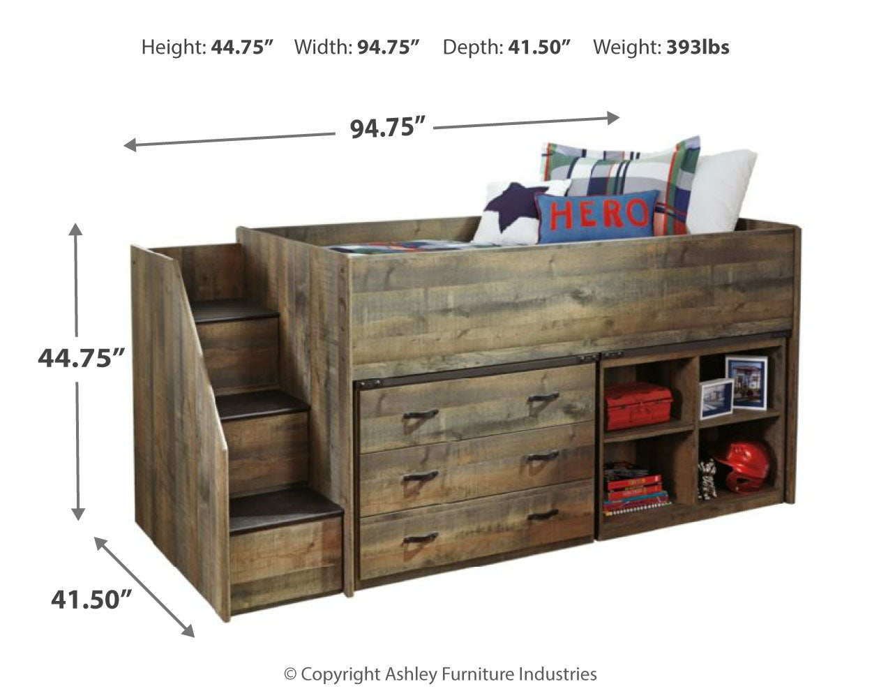 Trinell Twin Loft Bed with 3 Drawer Storage and Bookcase